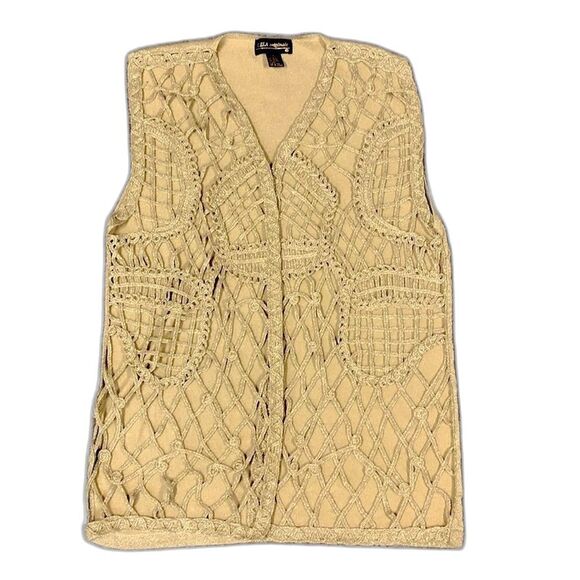 Vintage Lisa Originals Gold Metallic Lacy Crochet Open Front Vest Size L - Picture 10 of 11